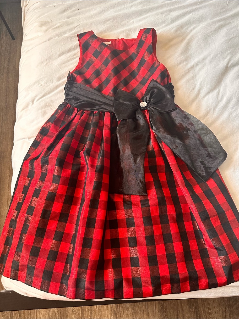 Bonnie Jean Red and Black Buffalo Plaid Dress with Black Sash